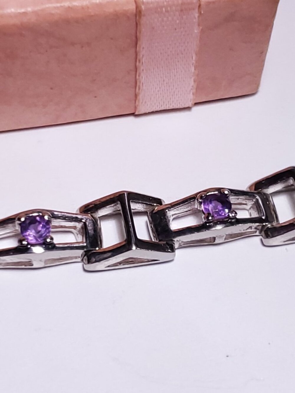 Estate 1.65ctw Natural Amethyst Pyramid Link Sterling Silver 7.5" Bracelet#24793